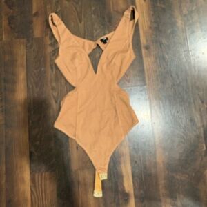 NBD Tan deep-V side cut-out bodysuit